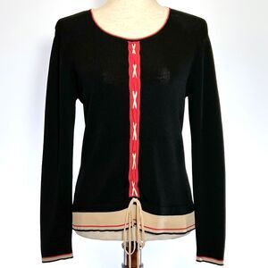 Papell Studio Black Red Lace-Up Long Sleeve Knit Top Women's Medium